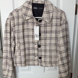 Zara Women's Black and Cream Plaid Blazer